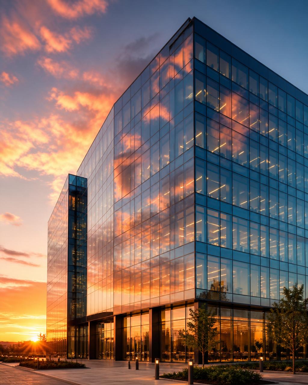 Modern glass office building reflecting clouds at sunset
